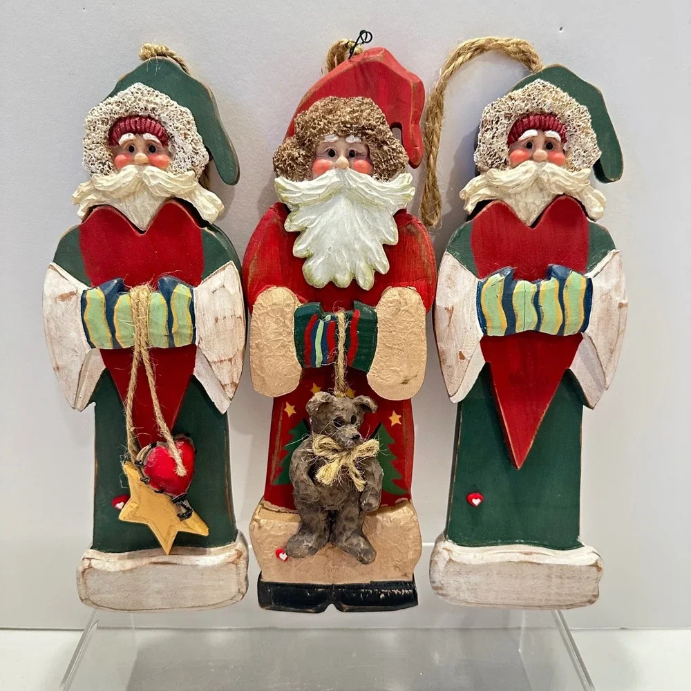 Kurt S Adler Wood Santa Ornaments Set 3 Folk Art Red Green Heart Bear KSA Inc